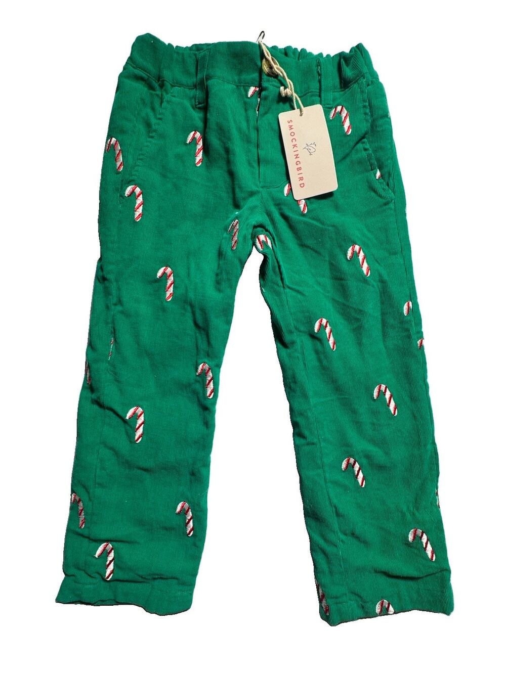Smockingbird Boys Size 3 Green Corduroy Pants Embroidered Candy Canes NWT